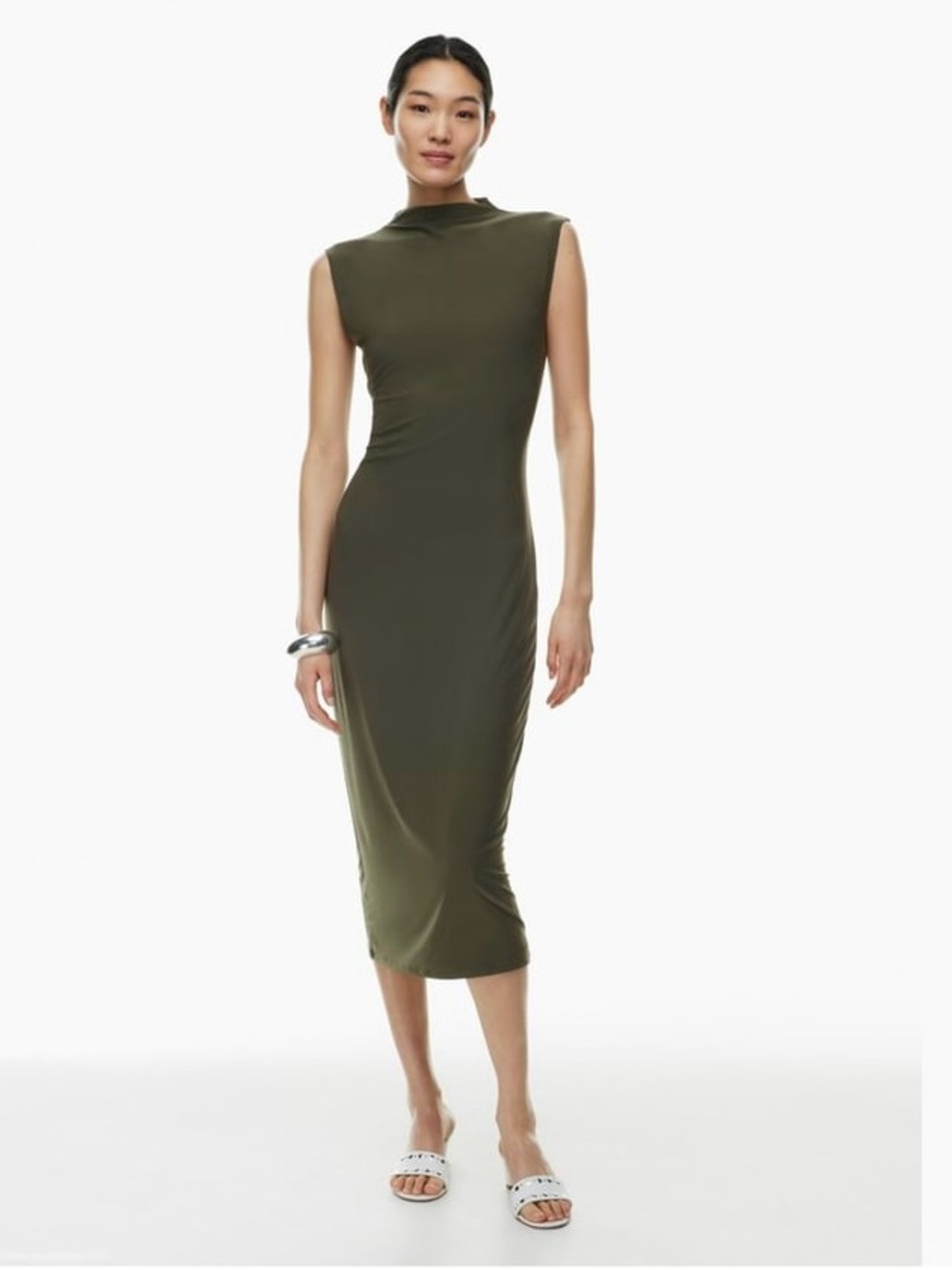 Aritzia Wilfred Botanist Dark Olive Sleeveless skin stretch Mock-Neck Midi Dress